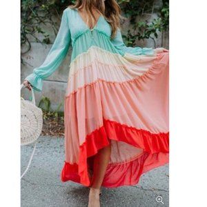 VICI Wavelength Rainbow Tiered Maxi Dress